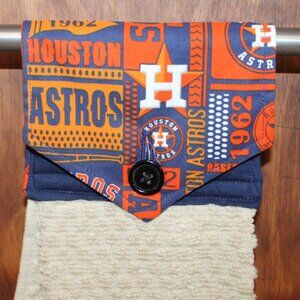 HOUSTON ASTROS PRINT ORANGE & BLUE HANDMADE HANGING TOWEL BEIGE MICROFIBER TOWEL